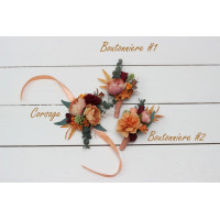  Wedding boutonnieres and wrist corsage  in coral burgundy peach color scheme. Flower accessories. 5079