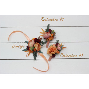  Wedding boutonnieres and wrist corsage  in coral burgundy peach color scheme. Flower accessories. 5079