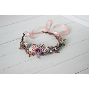 Dusty rose purple pink flower crown. Hair wreath in  pastel colors. Flower girl crown. Wedding flowers. 0004