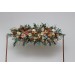Flower arch arrangement in orange rust peach colors.  Arbor flowers. Floral archway. Faux flowers for wedding arch. 0001