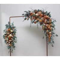 Flower arch arrangement in orange rust peach colors.  Arbor flowers. Floral archway. Faux flowers for wedding arch. 0001