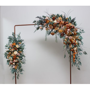 Flower arch arrangement in orange rust peach colors.  Arbor flowers. Floral archway. Faux flowers for wedding arch. 0001