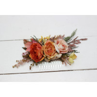 Flower comb in orange rust peach color scheme. Wedding accessories for hair. Bridal flower comb. Bridesmaid floral comb. 0001