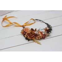  Orange rust peach crown. Hair wreath. Flower girl crown. Wedding flowers. 0001