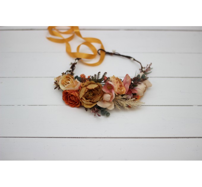  Orange rust peach crown. Hair wreath. Flower girl crown. Wedding flowers. 0001