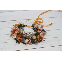  Orange rust peach crown. Hair wreath. Flower girl crown. Wedding flowers. 0001