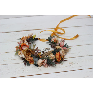  Orange rust peach crown. Hair wreath. Flower girl crown. Wedding flowers. 0001