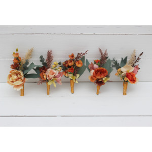  Wedding boutonnieres and wrist corsage  in orange rust peach color theme. Flower accessories. 0001