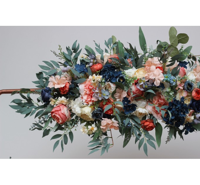  Flower arch arrangement in navy blue coral ivory colors.  Arbor flowers. Floral archway. Faux flowers for wedding arch. 5084