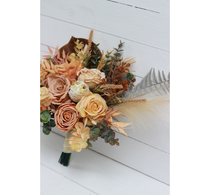 Wedding bouquets in  orange yellow terracotta colors. Bridal bouquet. Faux bouquet. Bridesmaid bouquet. 5083