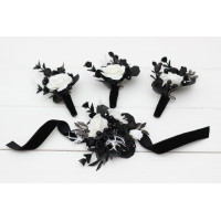  Wedding boutonnieres and wrist corsage  in black and white color scheme. Flower accessories. 5086
