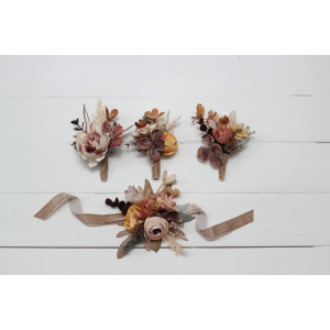  Wedding boutonnieres and wrist corsage  in cinnamon ivory pale orange color scheme. Flower accessories. 5093