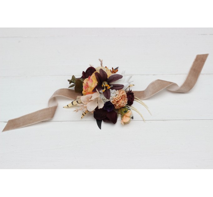 Wedding boutonnieres and wrist corsage  in deep purple terracotta beige color scheme. Flower accessories. 5095