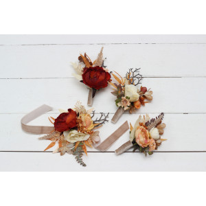  Wedding boutonnieres and wrist corsage  in orange ivory rust terracotta color scheme. Flower accessories. 0036