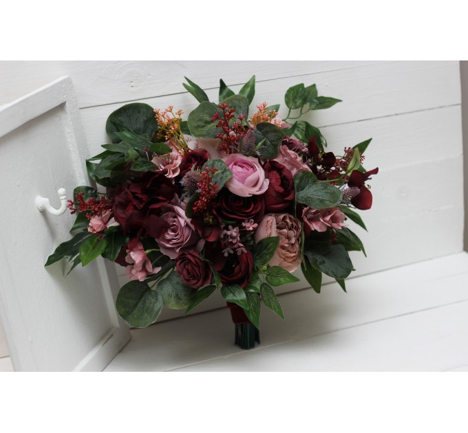 Wedding bouquets in burgundy mauve dusty rose colors. Bridal bouquet. Faux bouquet. Bridesmaid bouquet. 5099