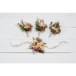  Wedding boutonnieres and wrist corsage  in dusty rose cinnamon ivory color scheme. Flower accessories. 5098