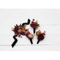  Wedding boutonnieres and wrist corsage  in purple burgundy beige color scheme. Flower accessories. 5096