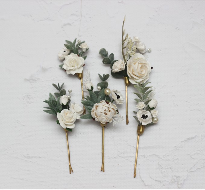  Set of  5 hair pins in white color scheme. Hair accessories. Flower accessories for wedding.  0017