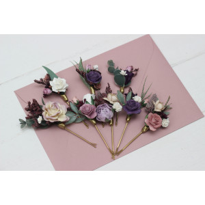  Set of  8 bobby pins in  dusty rose purple color scheme. Hair accessories. Flower accessories for wedding.  5104