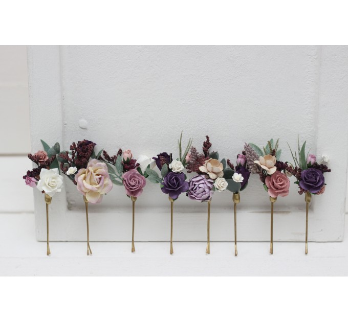  Set of  8 bobby pins in  dusty rose purple color scheme. Hair accessories. Flower accessories for wedding.  5104