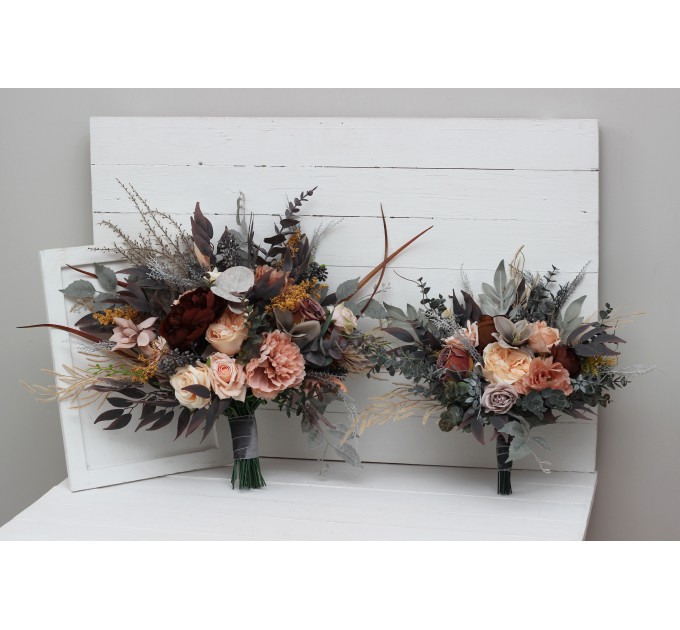 Wedding bouquets in gray peach brown colors. Bridal bouquet. Faux bouquet. Bridesmaid bouquet. 5106