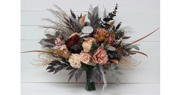 Gray, Peach & Brown Bridal Bouquet – Faux Wedding Flowers