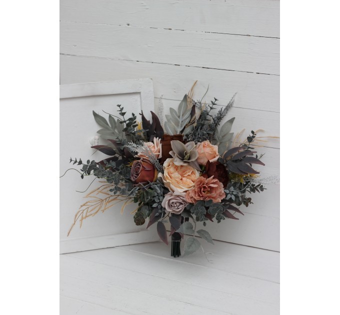 Wedding bouquets in gray peach brown colors. Bridal bouquet. Faux bouquet. Bridesmaid bouquet. 5106