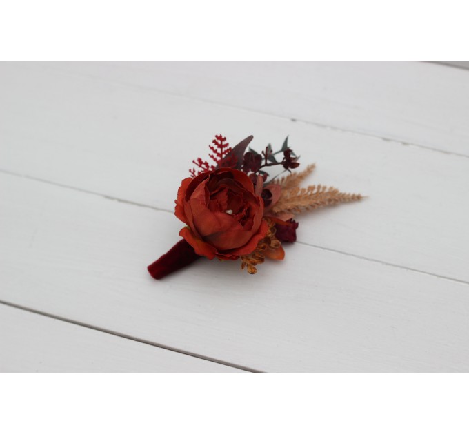  Wedding boutonnieres and wrist corsage  in burnt orange red burgundy  color scheme. Flower accessories. 5103-1