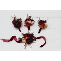  Wedding boutonnieres and wrist corsage  in burnt orange red burgundy  color scheme. Flower accessories. 5103