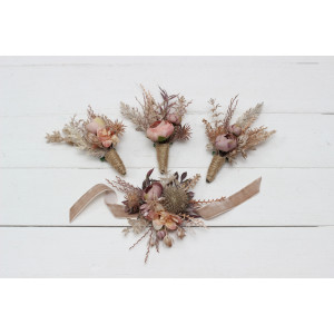  Wedding boutonnieres and wrist corsage  in terracotta dusty rose beige color scheme. Flower accessories. 5102
