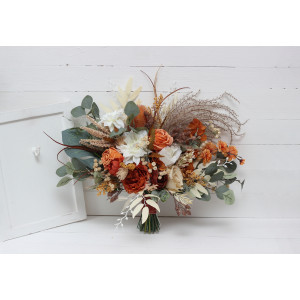 Wedding bouquets in burnt orange ivory colors. Bridal bouquet. Faux bouquet. Bridesmaid bouquet. 5109