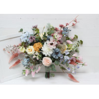 Wildflowers. Wedding bouquets in pink yellow dusty blue colors. Bridal bouquet. Faux bouquet. Bridesmaid bouquet. Summer wedding. 5110