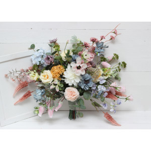 Wildflowers. Wedding bouquets in pink yellow dusty blue colors. Bridal bouquet. Faux bouquet. Bridesmaid bouquet. Summer wedding. 5110