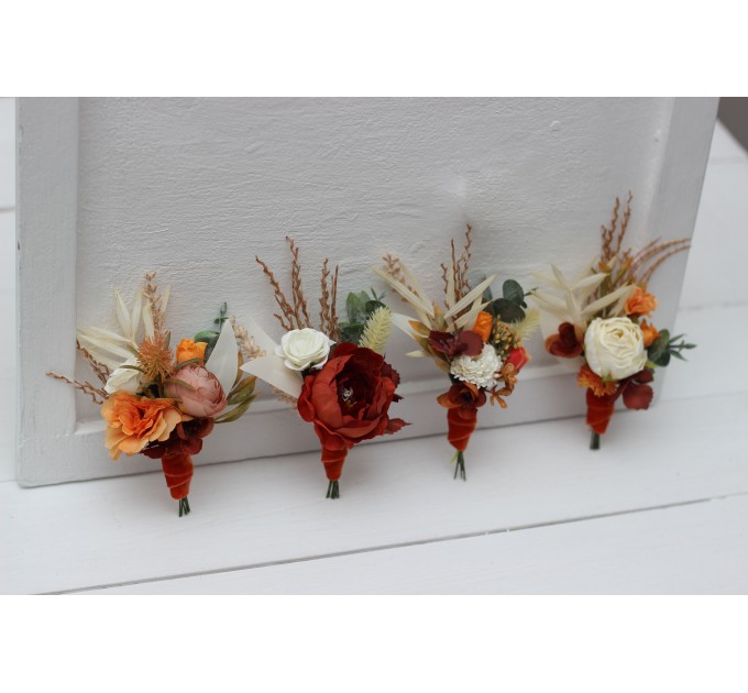  Wedding boutonnieres and wrist corsage  in burnt orange ivory color scheme. Flower accessories. 5109