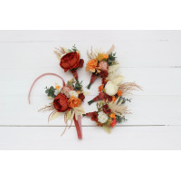  Wedding boutonnieres and wrist corsage  in burnt orange ivory color scheme. Flower accessories. 5109