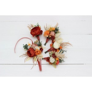  Wedding boutonnieres and wrist corsage  in burnt orange ivory color scheme. Flower accessories. 5109