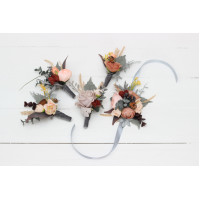  Wedding boutonnieres and wrist corsage  in gray peach brown color scheme. Flower accessories. 5106