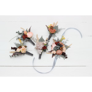  Wedding boutonnieres and wrist corsage  in gray peach brown color scheme. Flower accessories. 5106