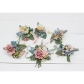 Wildflowers. Wedding boutonnieres and wrist corsage  in pink yellow dusty blue color scheme. Flower accessories. 5110