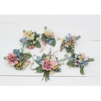 Wildflowers. Wedding boutonnieres and wrist corsage  in pink yellow dusty blue color scheme. Flower accessories. 5110