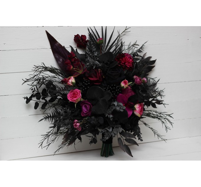 Wedding bouquets in deep purple black magenta colors. Bridal bouquet. Cascading bouquet. Faux bouquet. Bridesmaid bouquet.Gothic black wedding bouquet. 5112