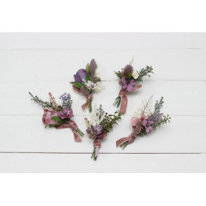  Wedding boutonnieres and wrist corsage  in mauve purple cream color scheme. Flower accessories. 5114