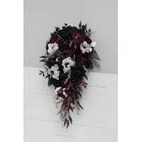 Cascading bouquet. Deep purple black silver white anemone flowers. Fall bridal bouquet. Faux bouquet. Halloween wedding.Gothic black wedding bouquet. 5125