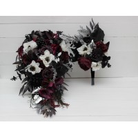 Cascading bouquet. Deep purple black silver white anemone flowers. Fall bridal bouquet. Faux bouquet. Halloween wedding.Gothic black wedding bouquet. 5125