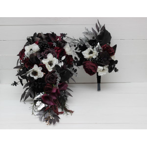 Cascading bouquet. Deep purple black silver white anemone flowers. Fall bridal bouquet. Faux bouquet. Halloween wedding.Gothic black wedding bouquet. 5125
