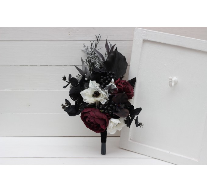 Cascading bouquet. Deep purple black silver white anemone flowers. Fall bridal bouquet. Faux bouquet. Halloween wedding.Gothic black wedding bouquet. 5125