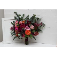 Jewel-tone wedding. Emerald green orange pink magenta flowers. Bridal bouquet. Faux bouquet. Bridesmaid bouquet. 5127