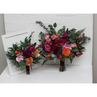 Jewel-tone wedding. Emerald green orange pink magenta flowers. Bridal bouquet. Faux bouquet. Bridesmaid bouquet. 5127