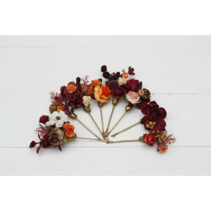  Set of 8 bobby pins in rust burgundy white color scheme. Hair accessories. Flower accessories for wedding.  5124