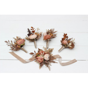  Wedding boutonnieres and wrist corsage  in cinnamon terracotta beige color scheme. Flower accessories. 5118